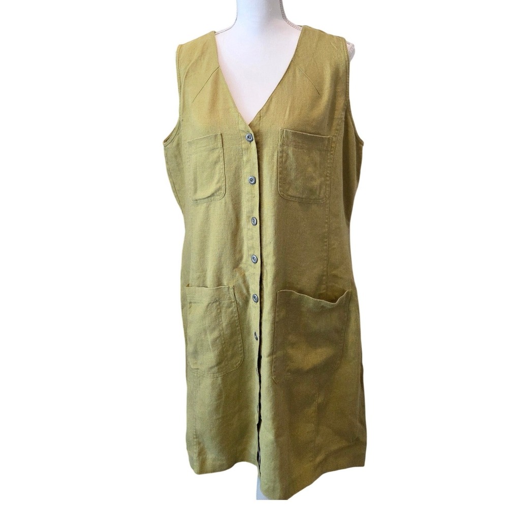 Womens Lagenlook Sleeveless V-Neck Linen Button Front‎ Vest Dress  Green Large